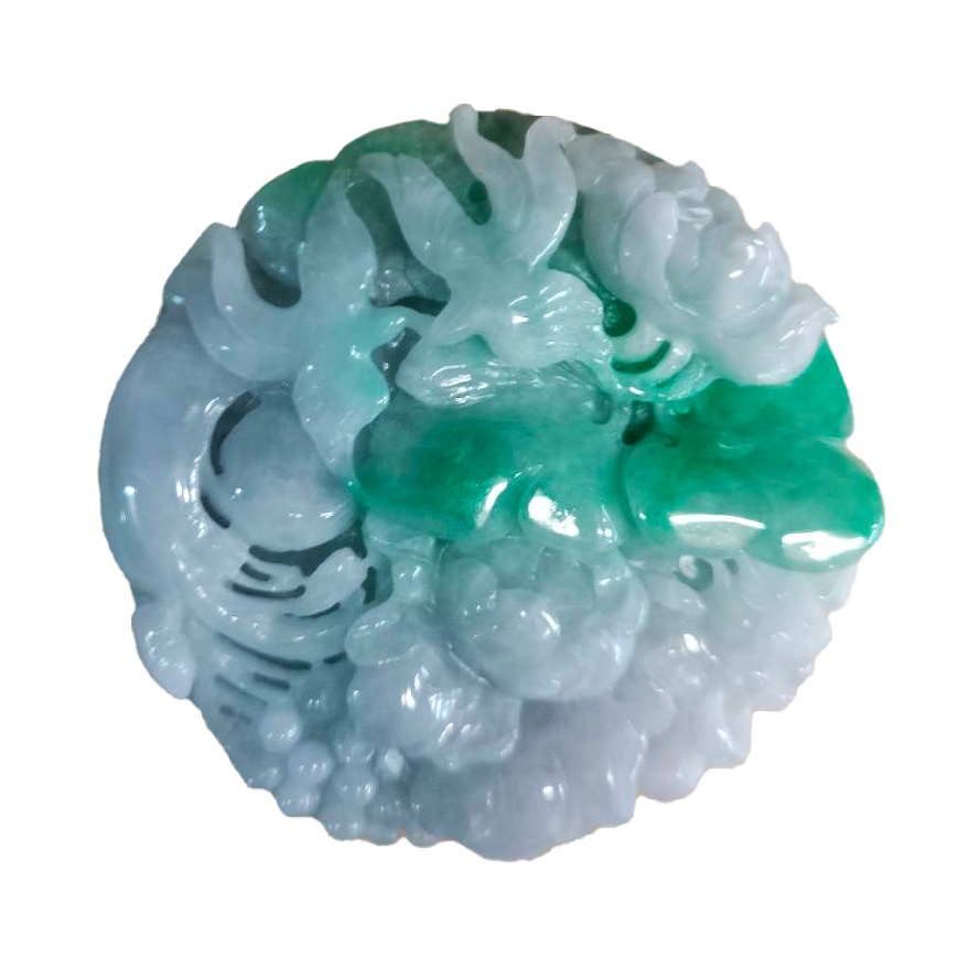 翡翠玉(A貨)陽綠色翡翠玉巧色巧雕雙喜鵲~花開富貴吉祥玉佩